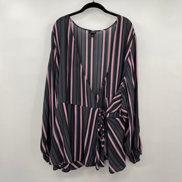 Torrid Faux Wrap Top Blouse Striped Long Sleeve Semi Sheer Gray Purple Womens 6X - Picture 2 of 6